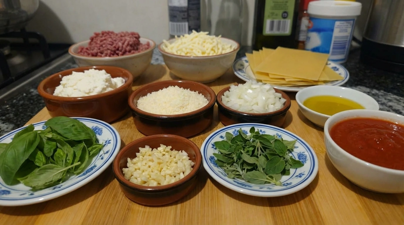 ingredients for homemade lasagna in separate bowls