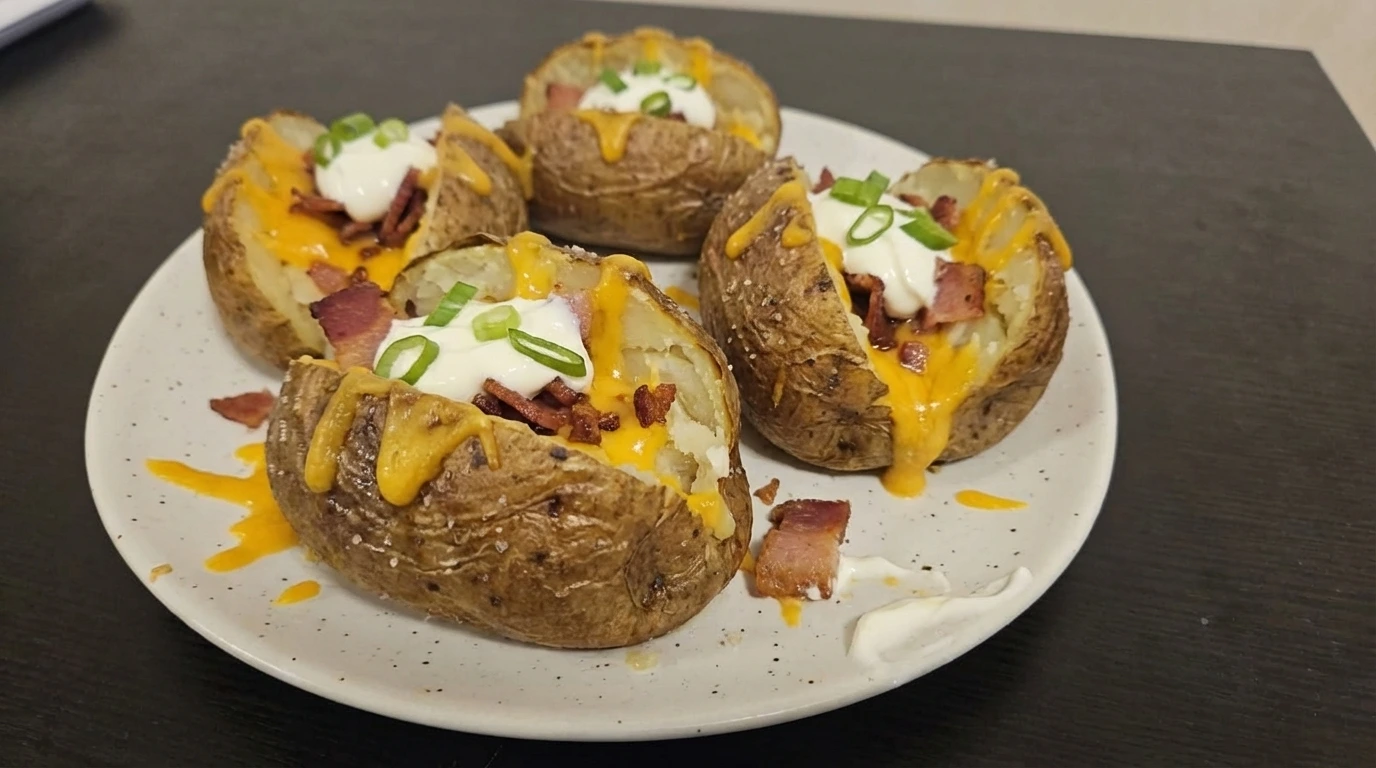 Loaded Baked Potatoes on a speckled white plate with melted cheddar, bacon, sour cream, and green onions