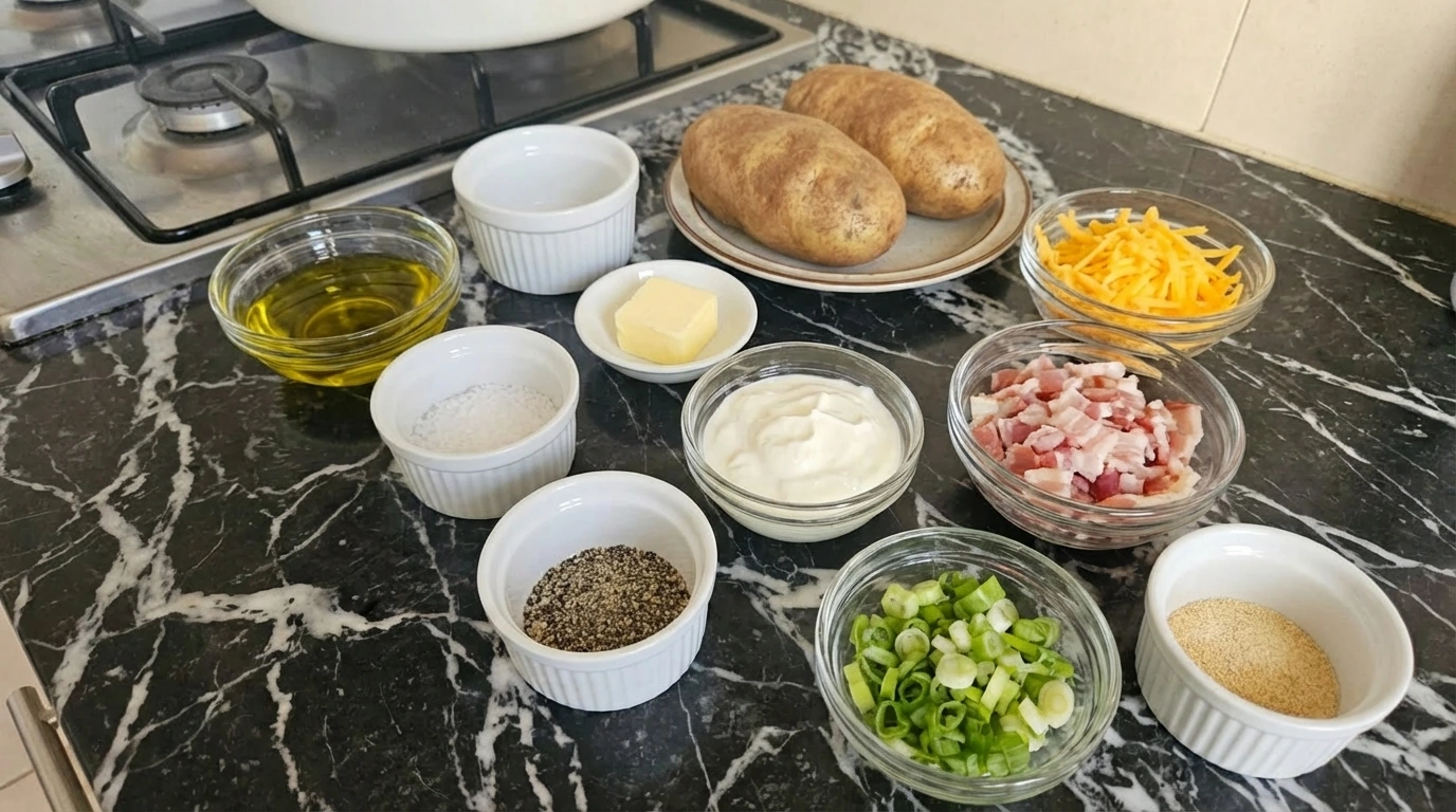 Ingredients for Loaded Baked Potatoes in separate small containers