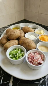 Sliced green onions and chopped bacon prepared for loaded baked potatoes