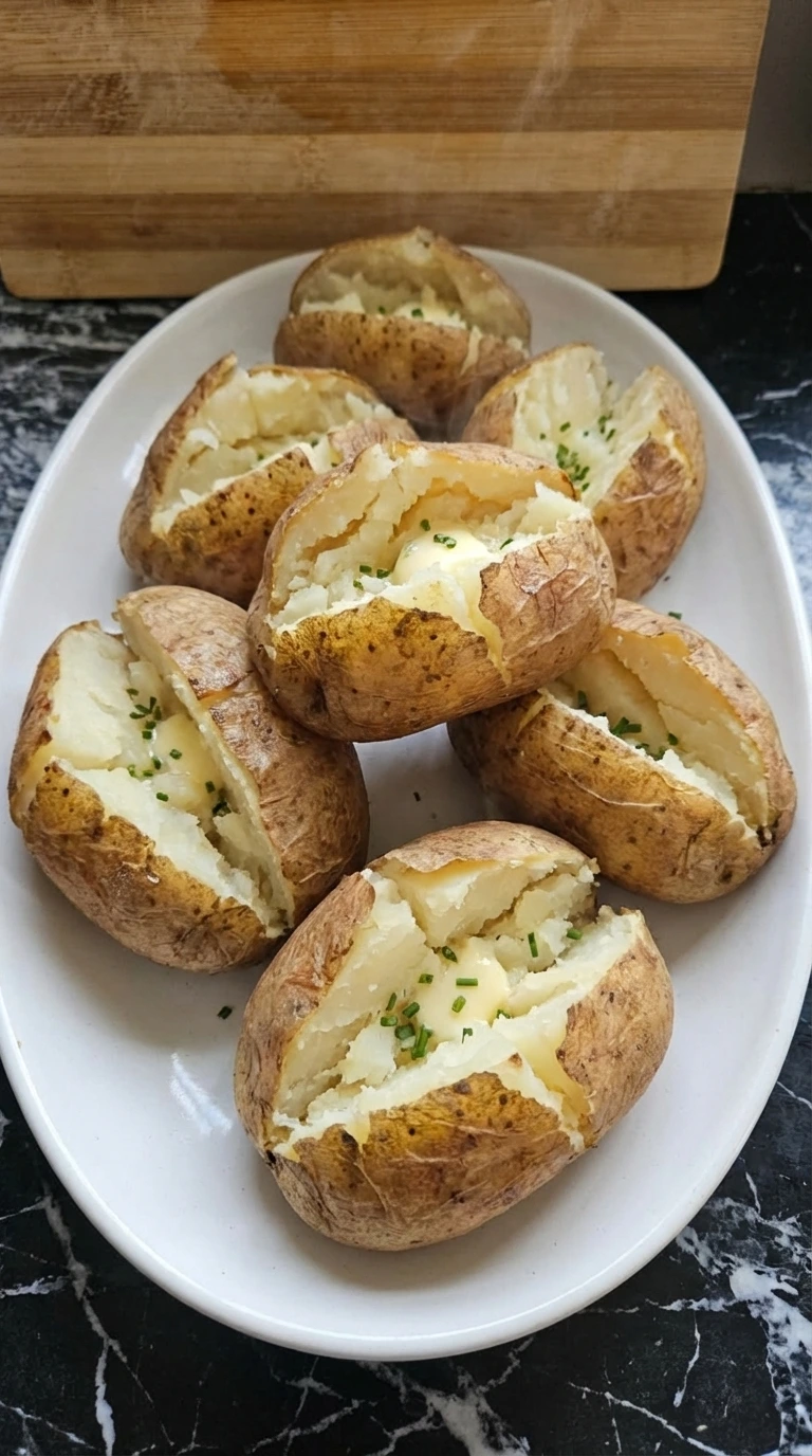 Cooked potatoes split open with fluffy centers on a white stoneware platter