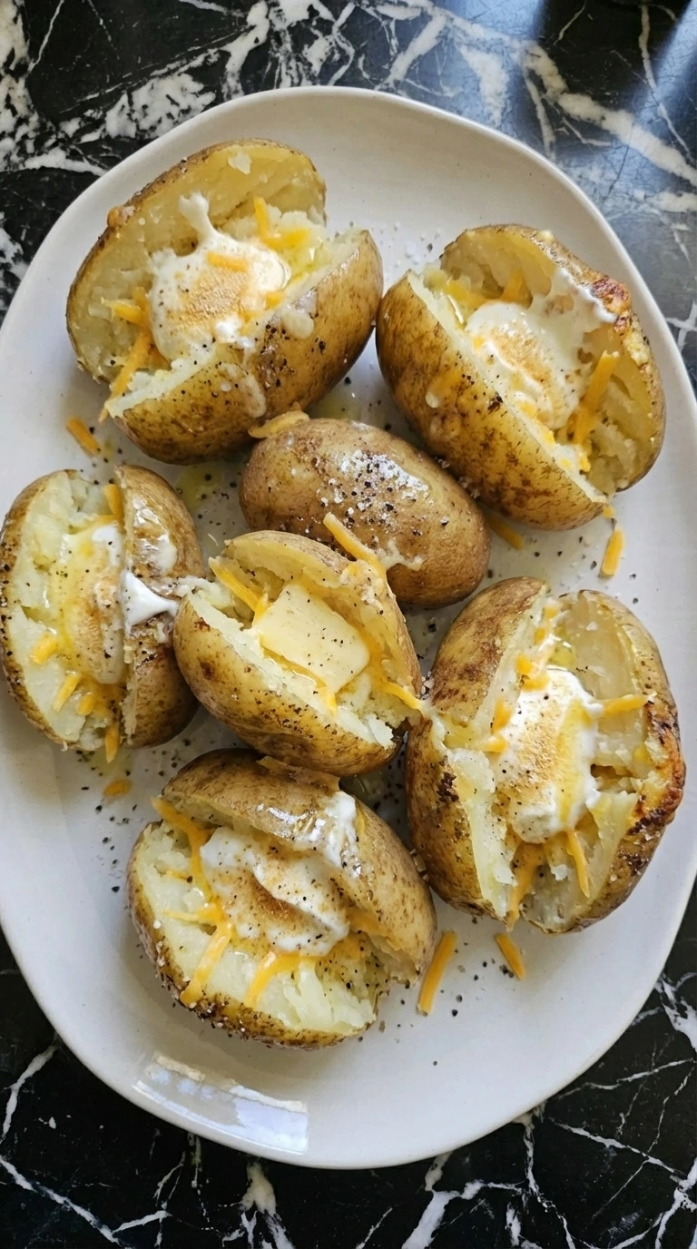 Creamy potato filling partially mixed inside split potatoes