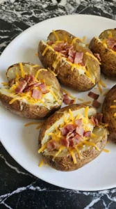Split potatoes topped with cheddar and bacon in an uneven homemade layer