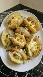 Loaded potatoes with melted cheese, sour cream, bacon, and green onions