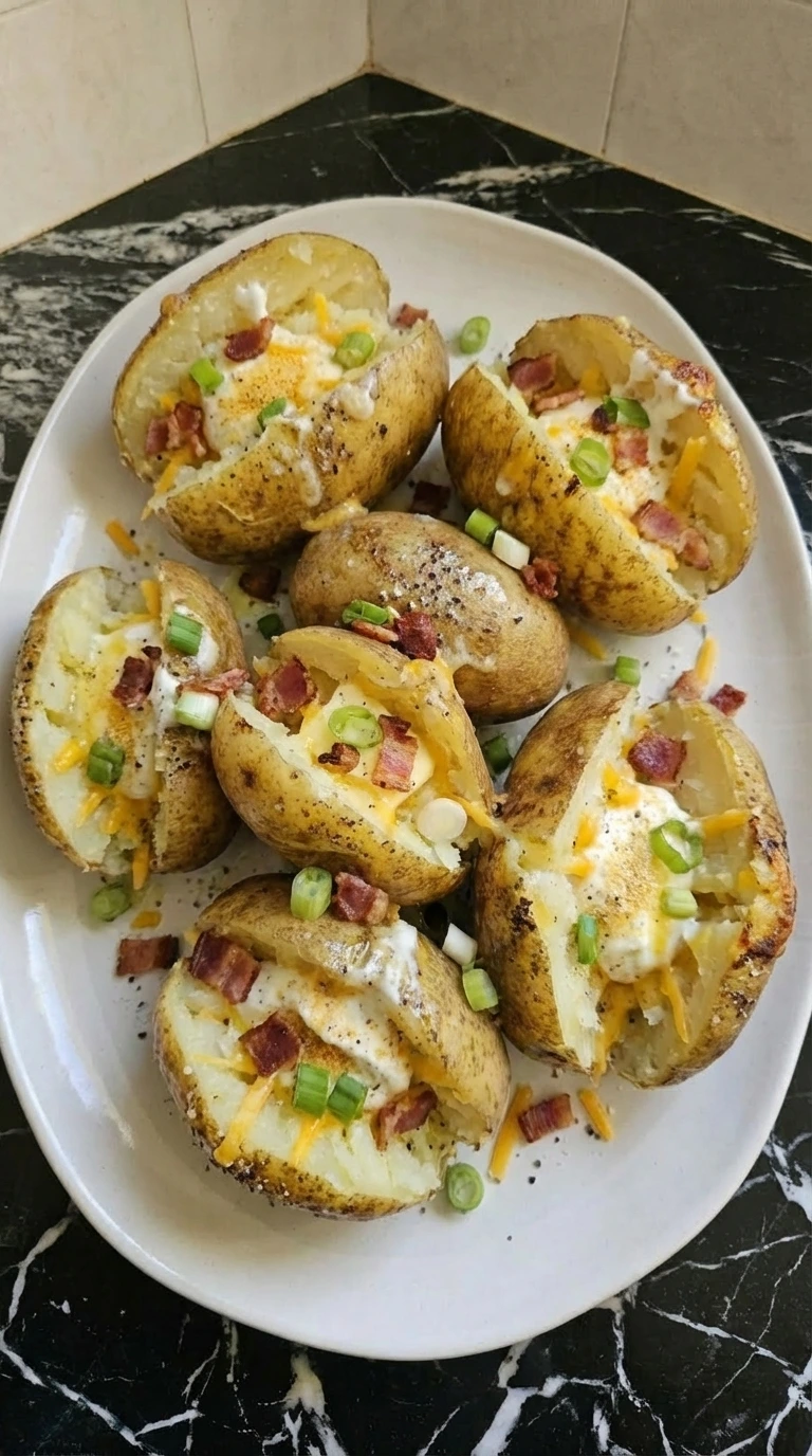 Loaded potatoes with melted cheese, sour cream, bacon, and green onions