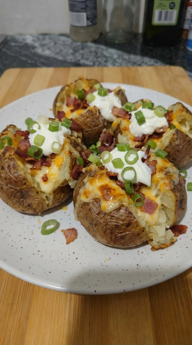 Plated loaded baked potatoes ready to serve with melted cheese and bacon