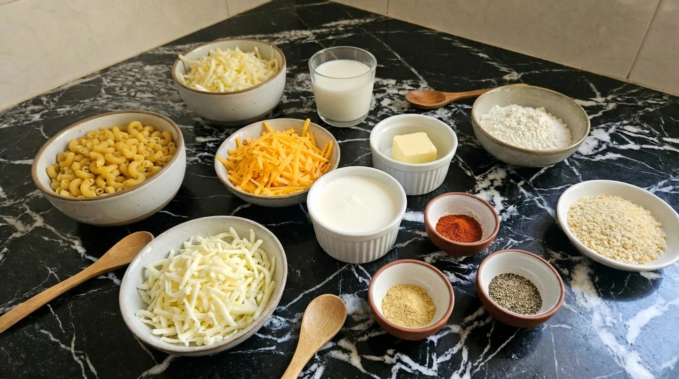 Ingredients for creamy baked mac and cheese in separate bowls