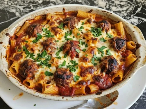 cheesy meatball casserole with pasta and marinara