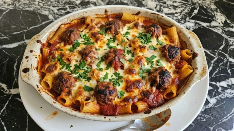 cheesy meatball casserole with pasta and marinara