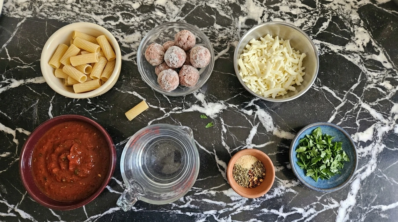 ingredients for meatball casserole in separate bowls