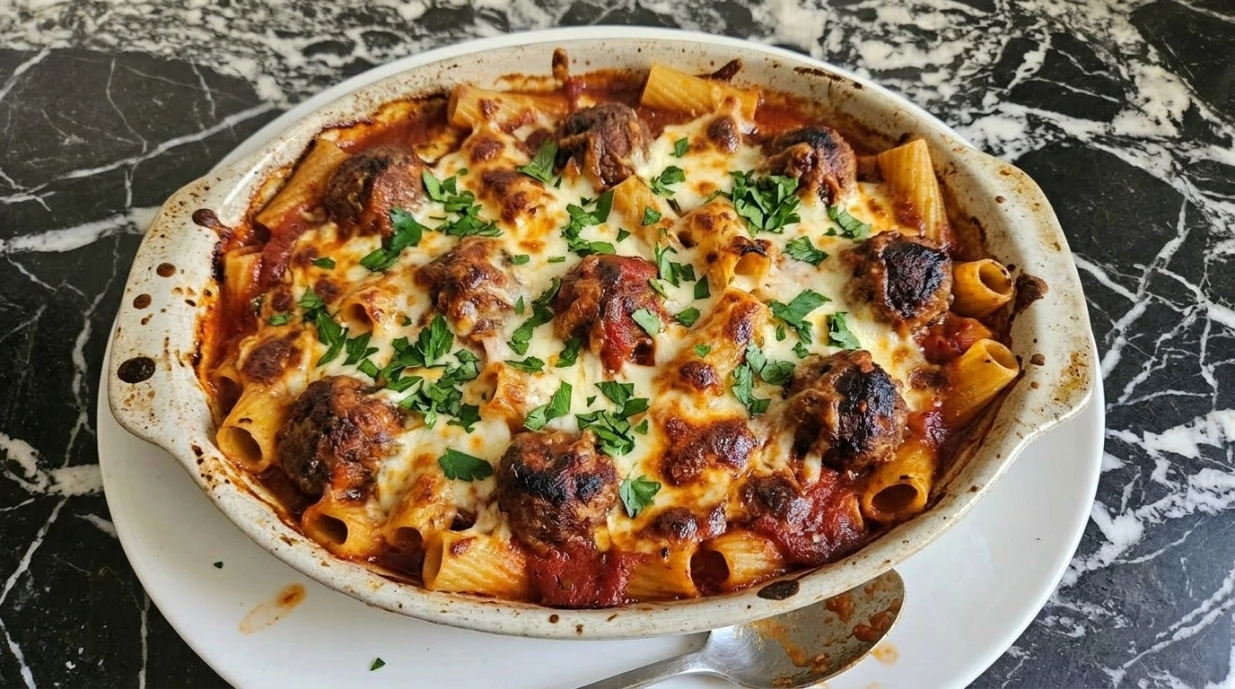 cheesy meatball casserole with pasta and marinara