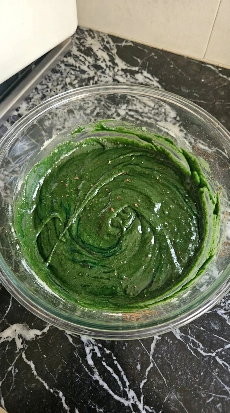 Deep green velvet cupcake batter mixed with cocoa and buttermilk