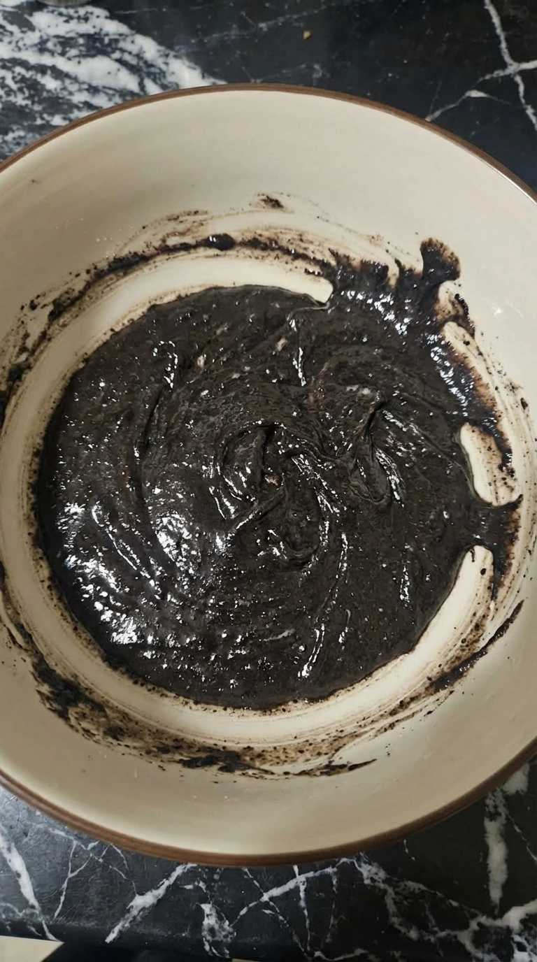 Thick Oreo batter mixed with milk and baking powder in a bowl
