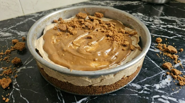 No Bake Biscoff Cheesecake with glossy Biscoff topping and cookie crumble.