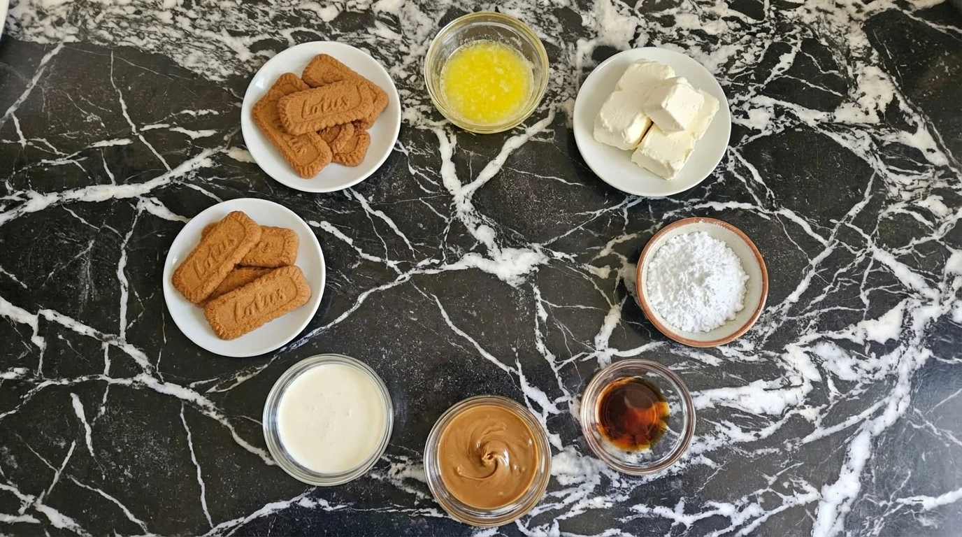 Ingredients for No Bake Biscoff Cheesecake in separate containers.