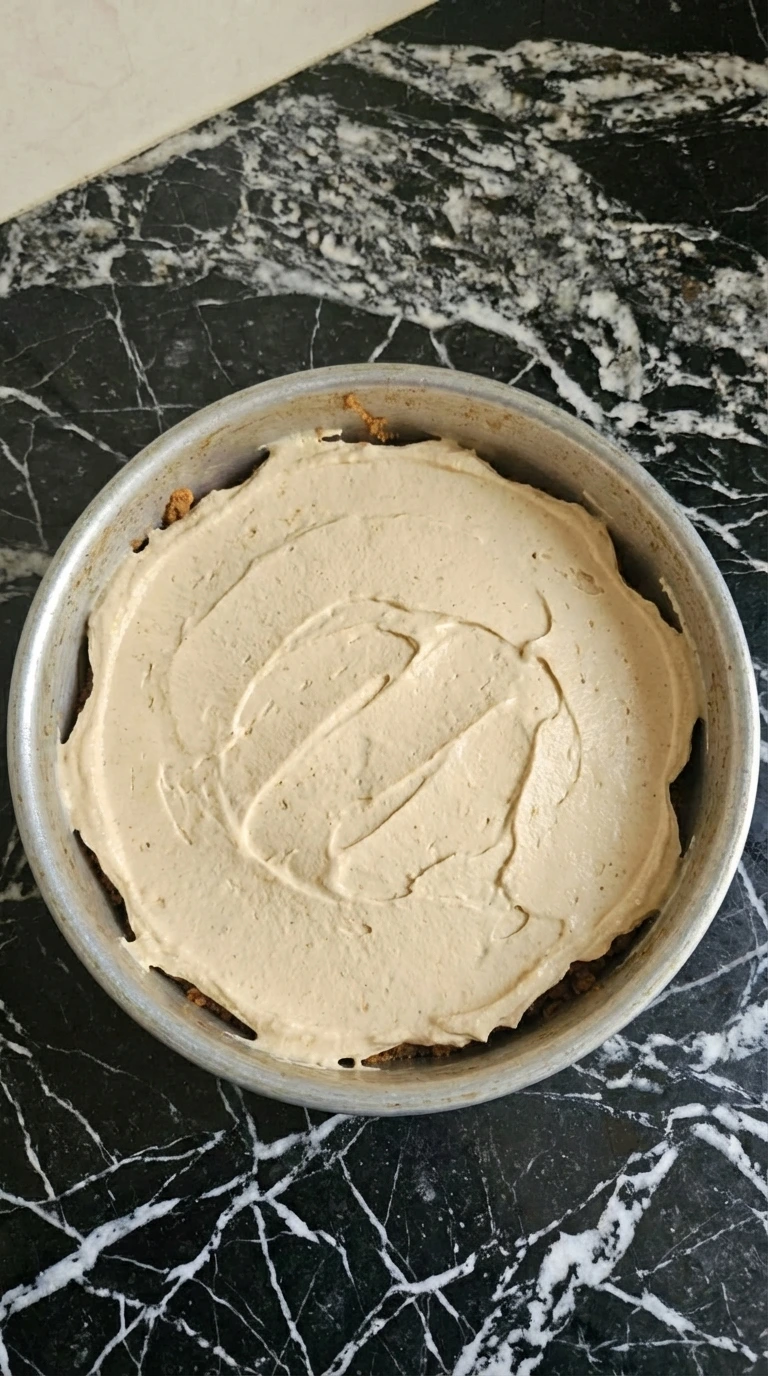 Pale tan Biscoff cheesecake filling thick and creamy.