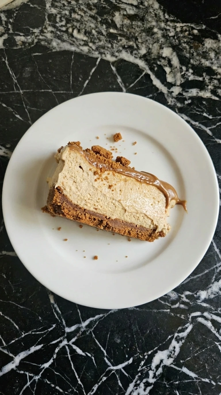 Glossy Biscoff topping poured over chilled cheesecake with cookie crumble.
