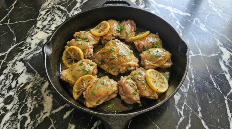 one pan lemon garlic chicken in skillet with rustic presentation