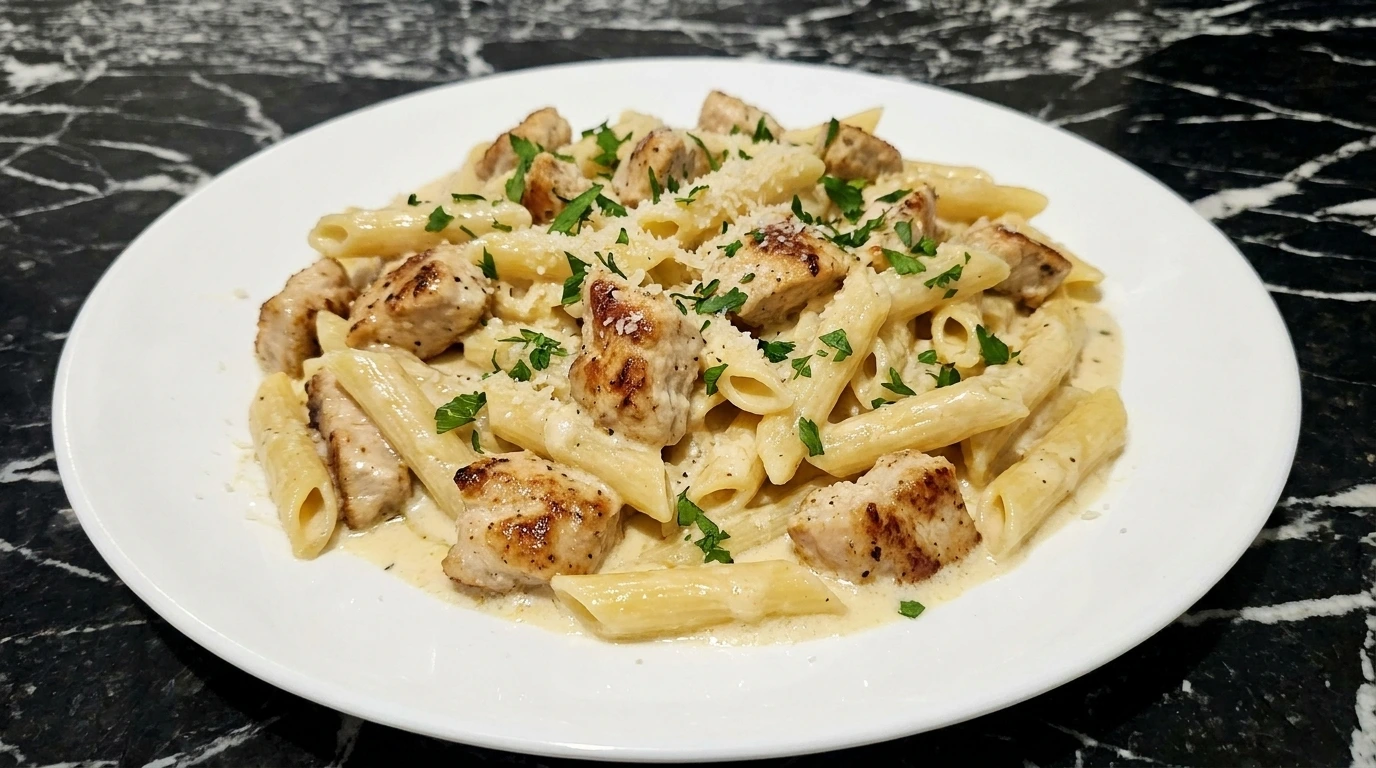 One Pot Chicken Alfredo Pasta served on a white plate with creamy penne and tender chicken