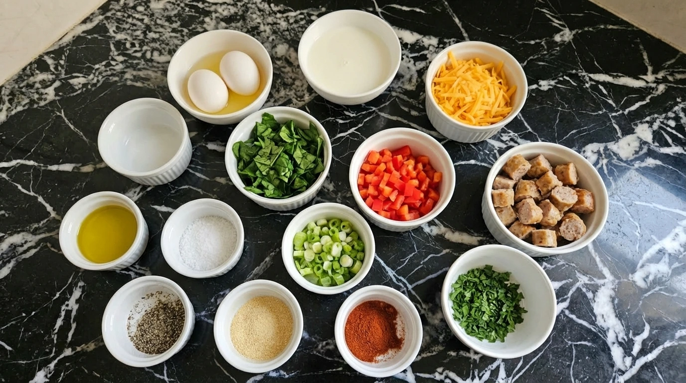 Ingredients for Quick Breakfast Egg Muffins in separate small containers