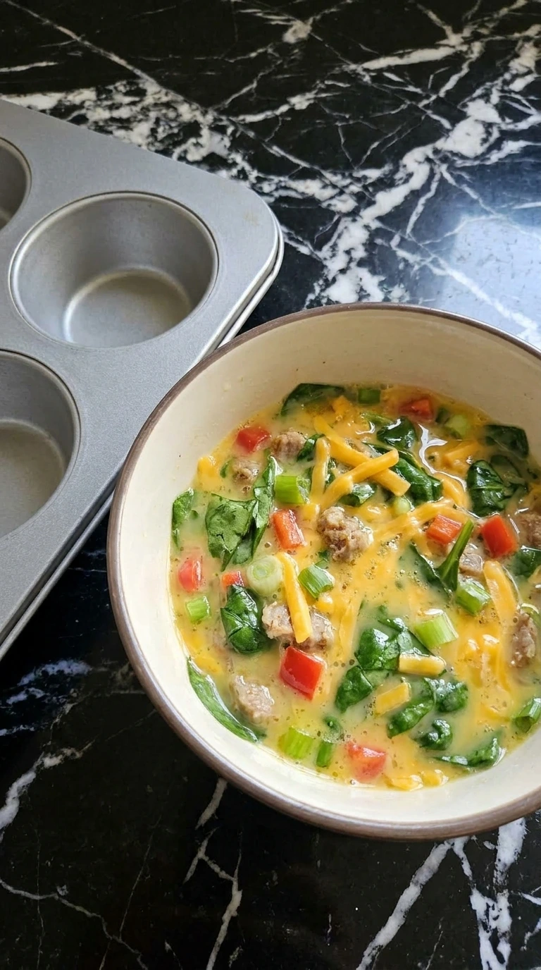 Egg mixture combined with vegetables sausage and cheese for egg muffins