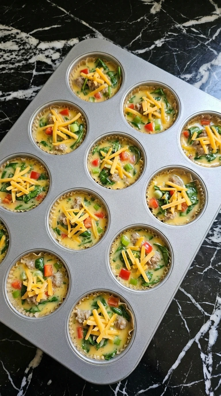 Muffin cups filled with egg mixture vegetables and cheese before cooking