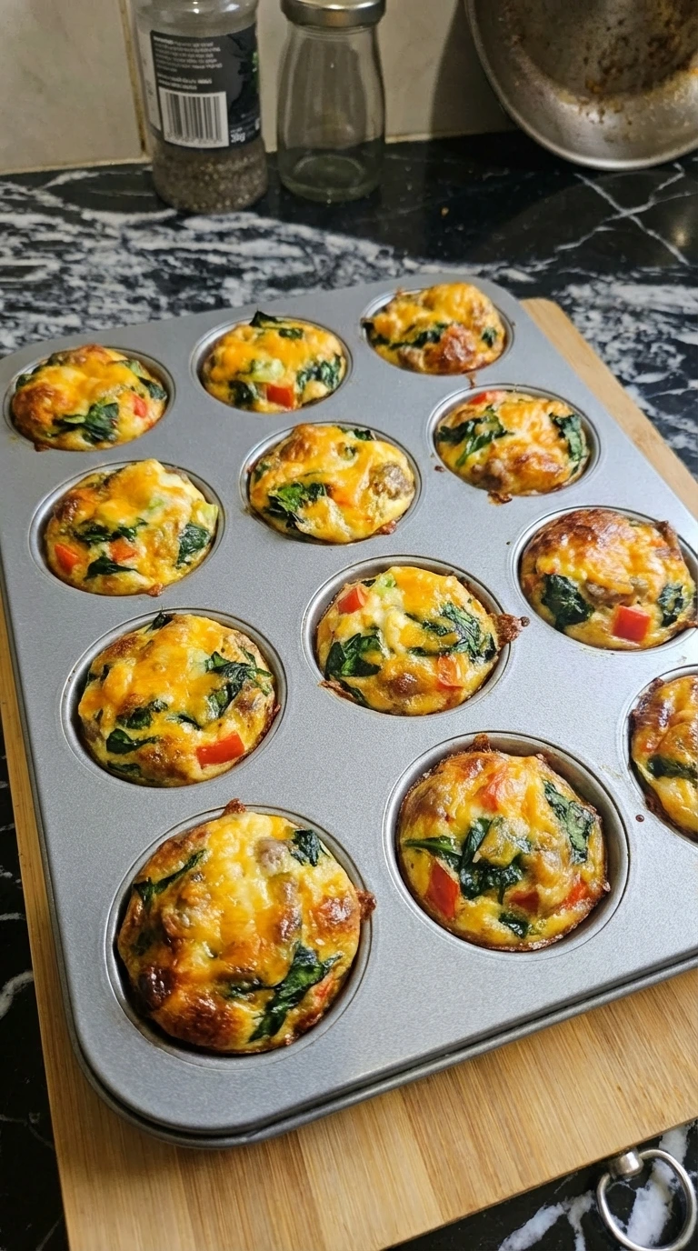 Cooked egg muffins in muffin tin with melted cheese and golden edges