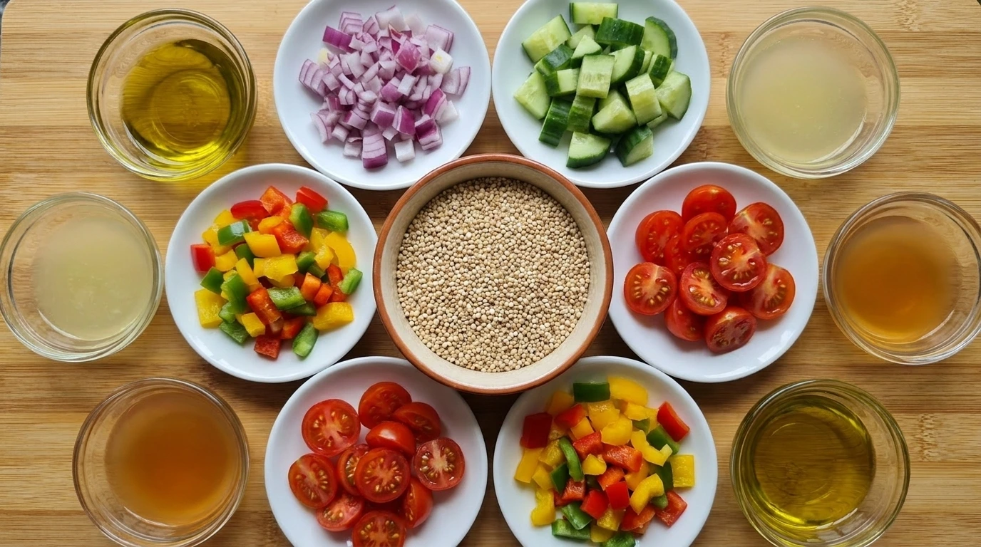 ingredients for quinoa salad in separate bowls