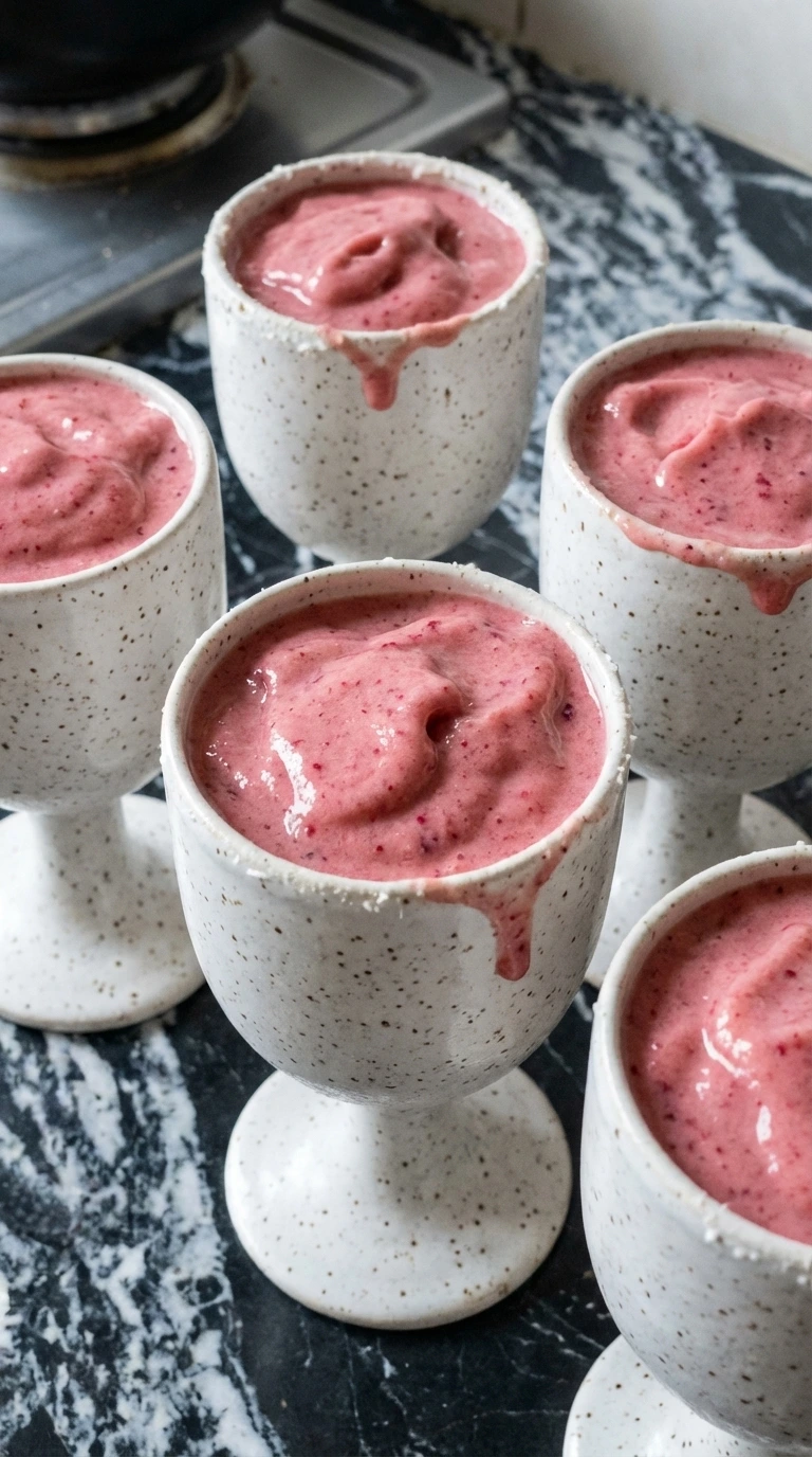 Raspberry Colada poured into coconut-rimmed goblets