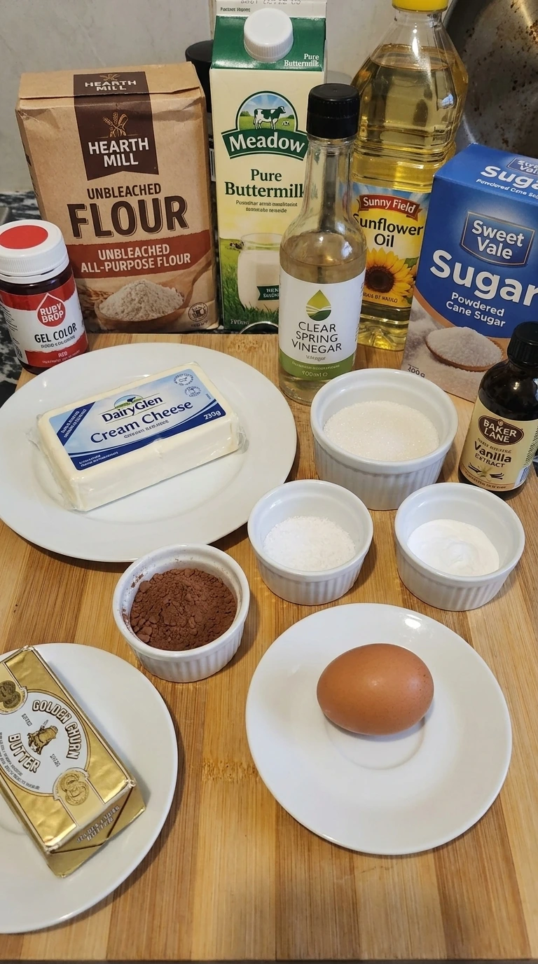 Red Velvet Cupcakes ingredients arranged separately