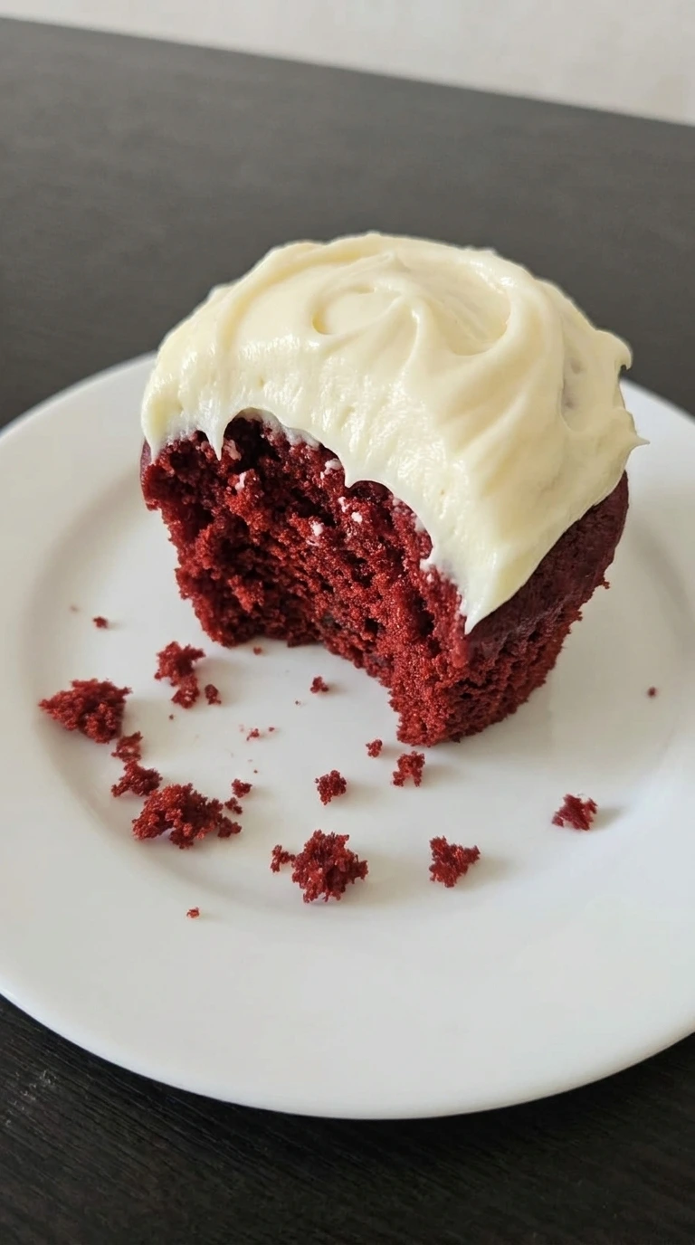 Single served red velvet cupcake with bite cut away
