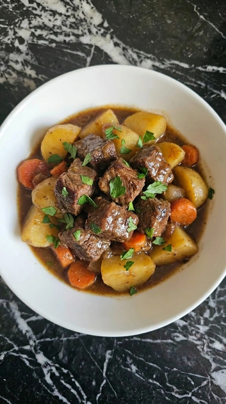 Single bowl of Irish Beef Stew with parsley