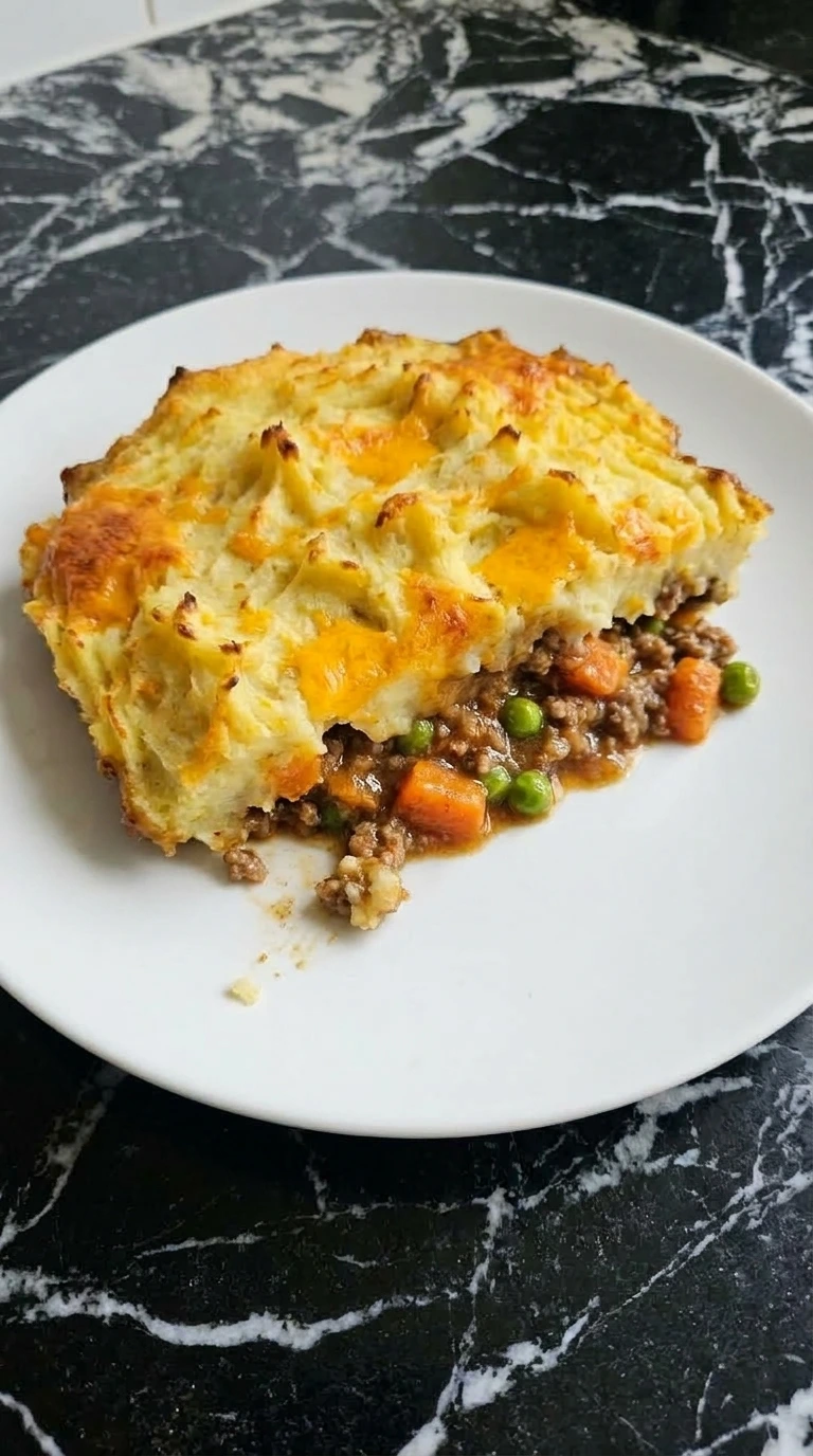 Served portion of Shepherd’s Pie showing lamb filling and potato topping