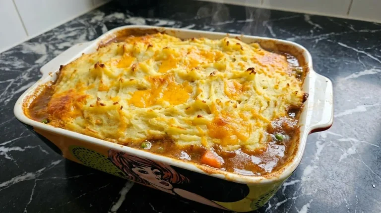 Shepherd’s Pie with golden mashed russet potato topping and lamb filling