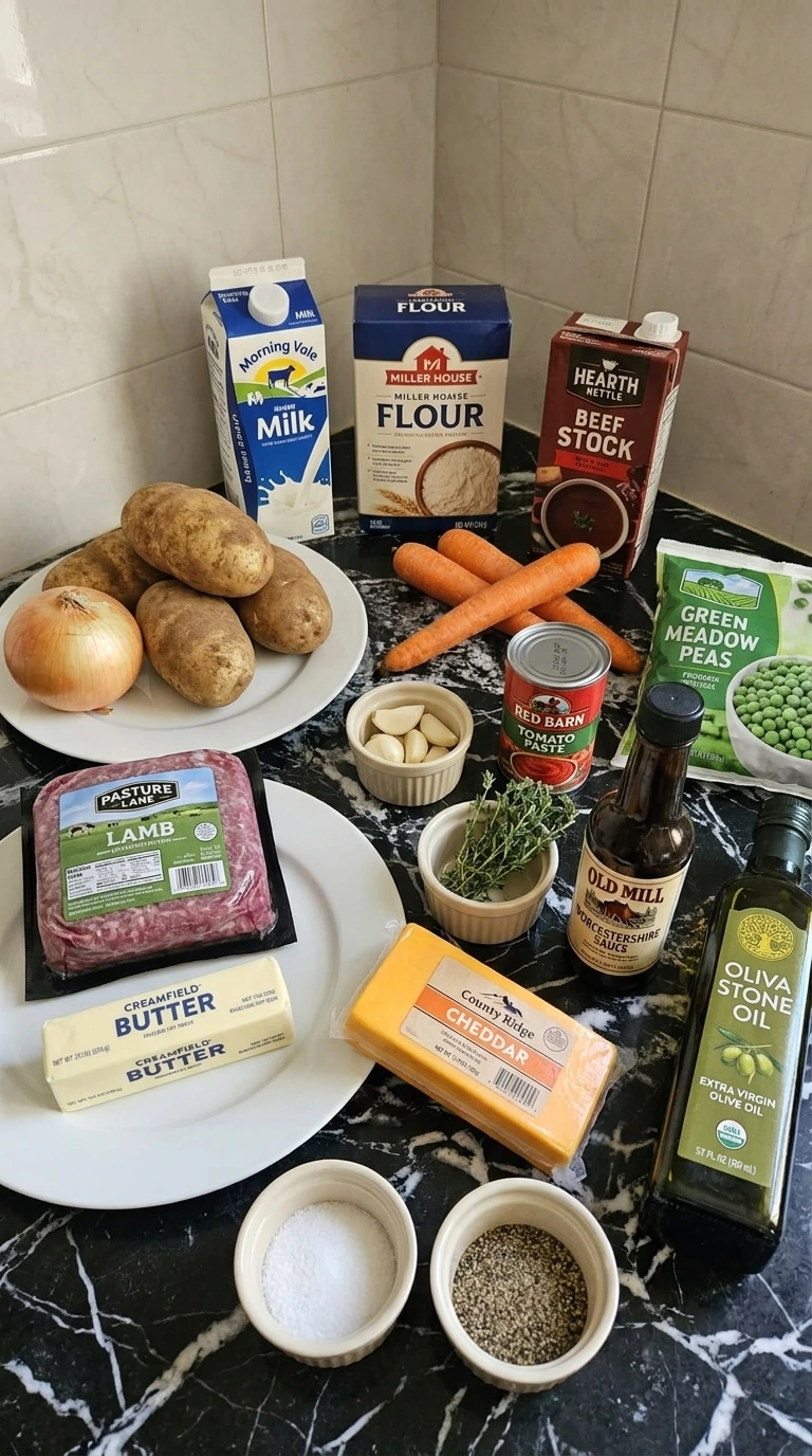 Raw ingredients for Shepherd’s Pie including ground lamb, russet potatoes and vegetables