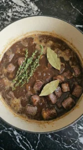 Irish Beef Stew simmering with Guinness stout and beef stock