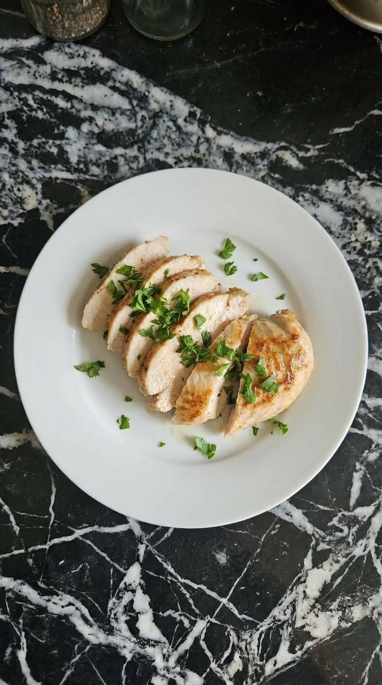 sliced chicken breast showing juicy interior and golden crust