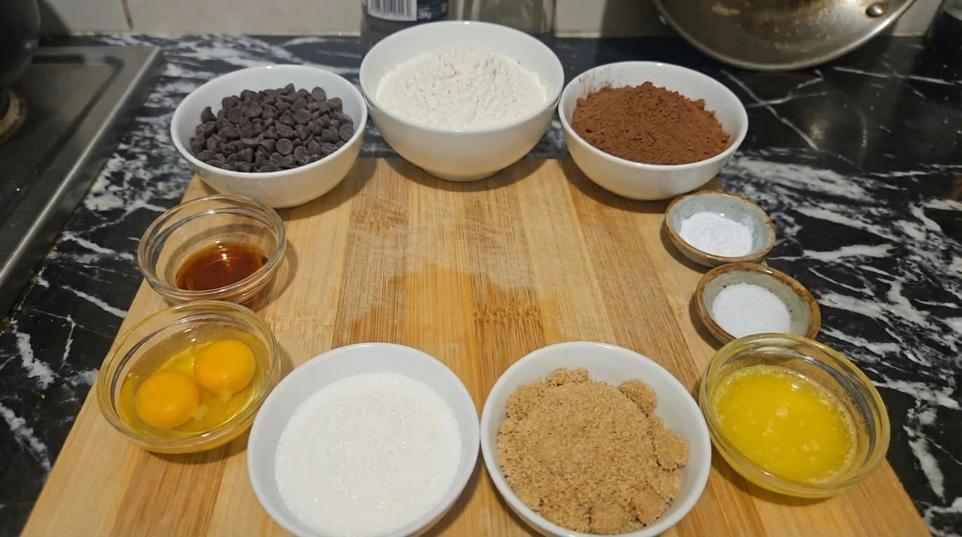 Measured ingredients for soft and chewy chocolate cookies in separate small containers.