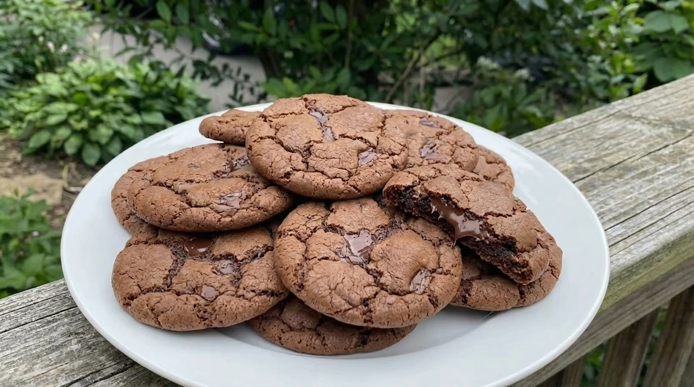 Soft and chewy chocolate cookies on a white plate with crackled tops and melted chocolate chips.