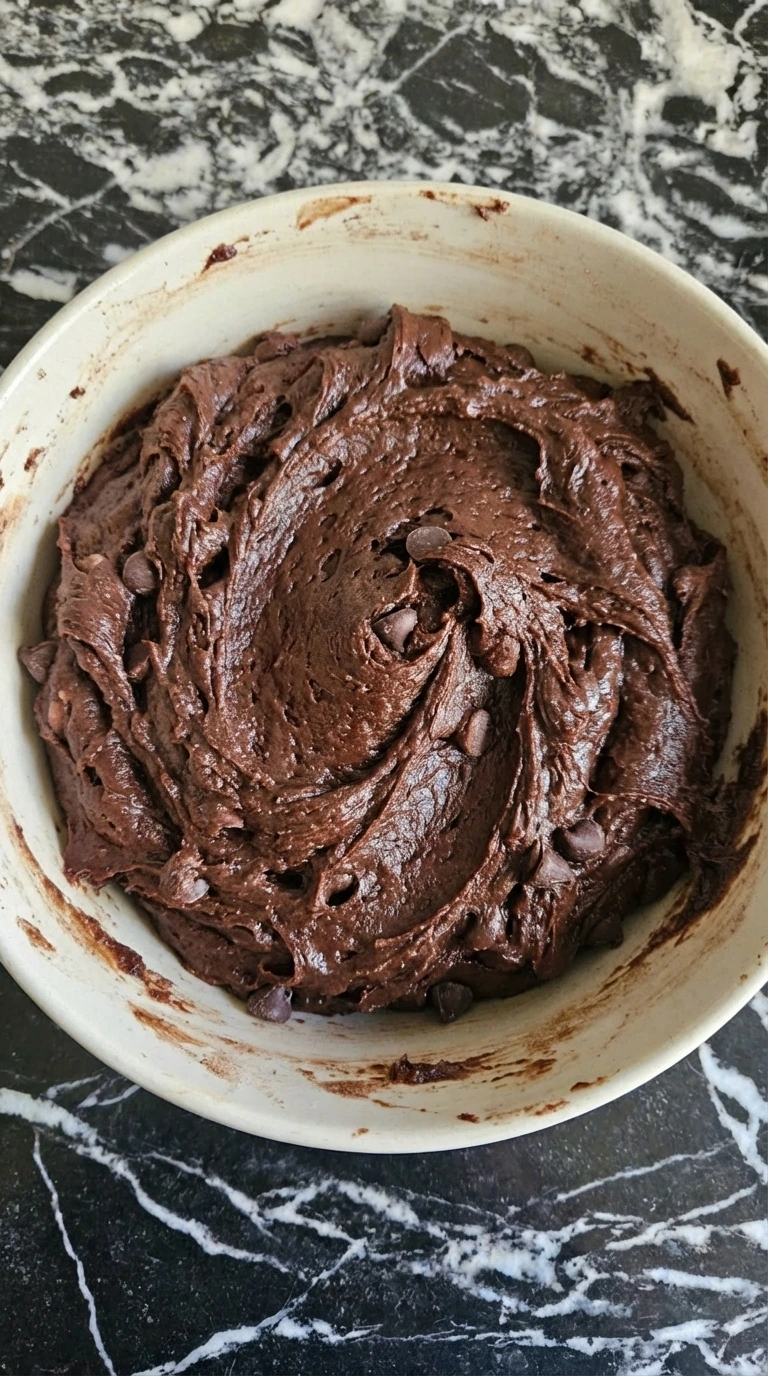 Thick dark chocolate cookie dough mixed with chocolate chips.
