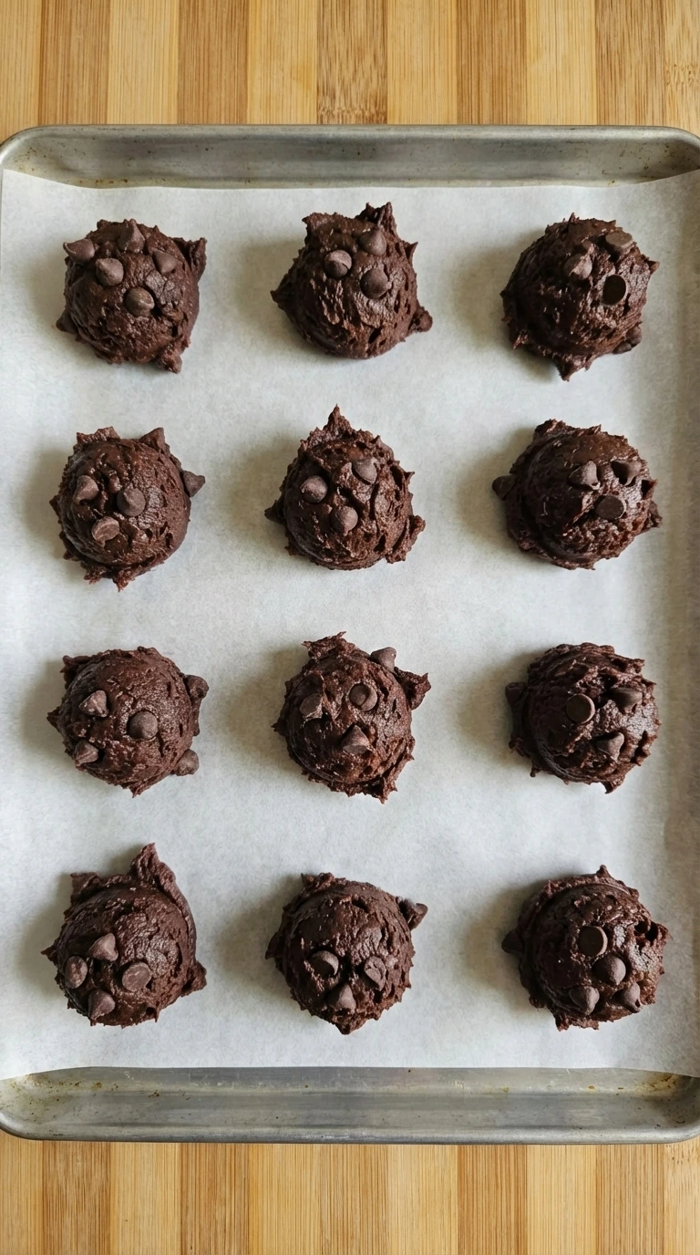 Scoops of chocolate cookie dough spaced on a baking tray.