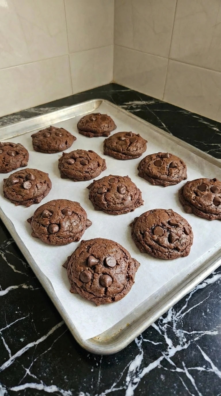Baked chocolate cookies with crackled tops on a tray.