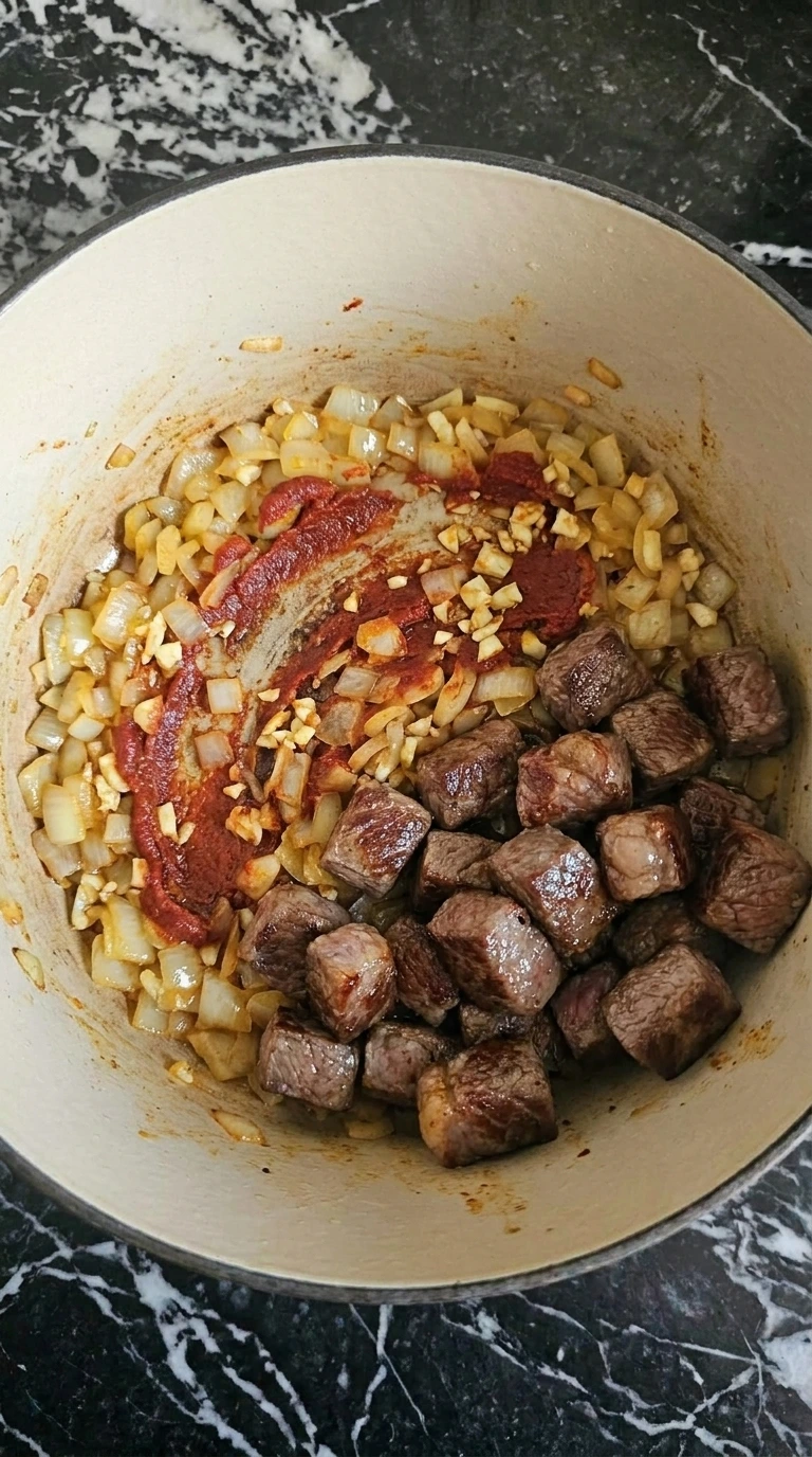 Yellow onion garlic and tomato paste for Irish Beef Stew