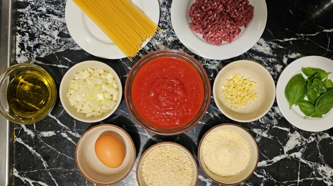 ingredients for spaghetti and meatballs