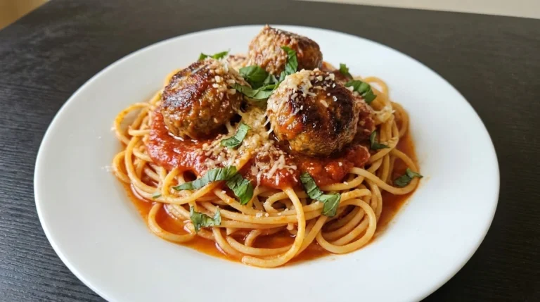 spaghetti and meatballs plated with sauce and cheese