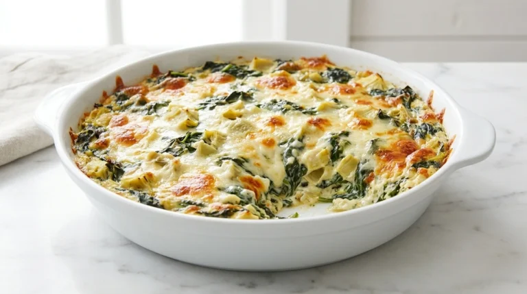 Spinach Artichoke Dip baked until bubbly with golden cheese on top in a white ceramic serving dish.