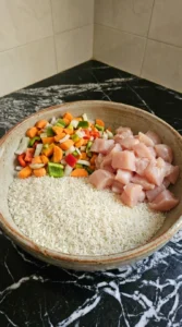 Prepared rice chicken and vegetables