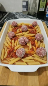 meatballs added to pasta casserole