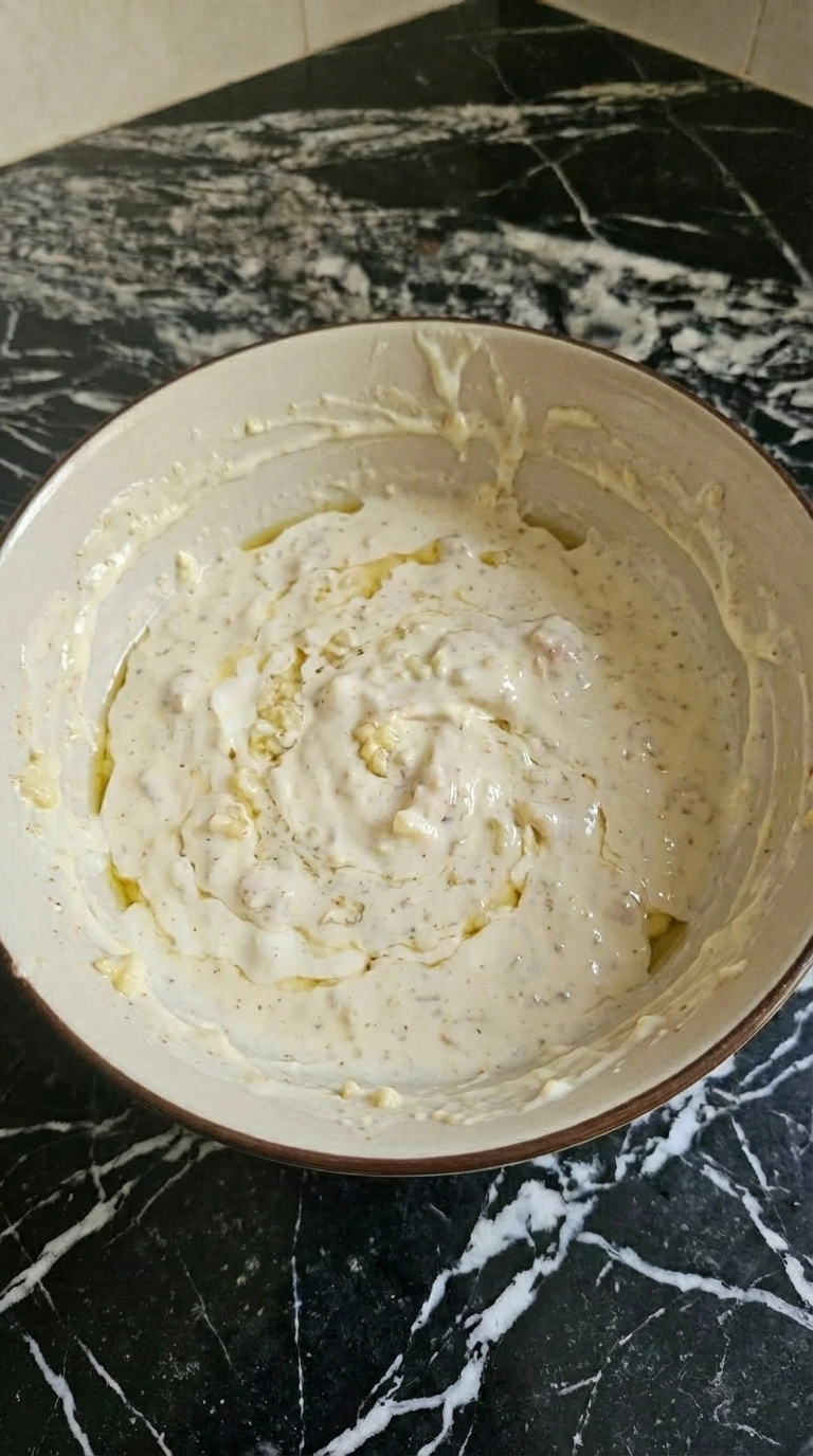 garlic sauce partially mixed in bowl