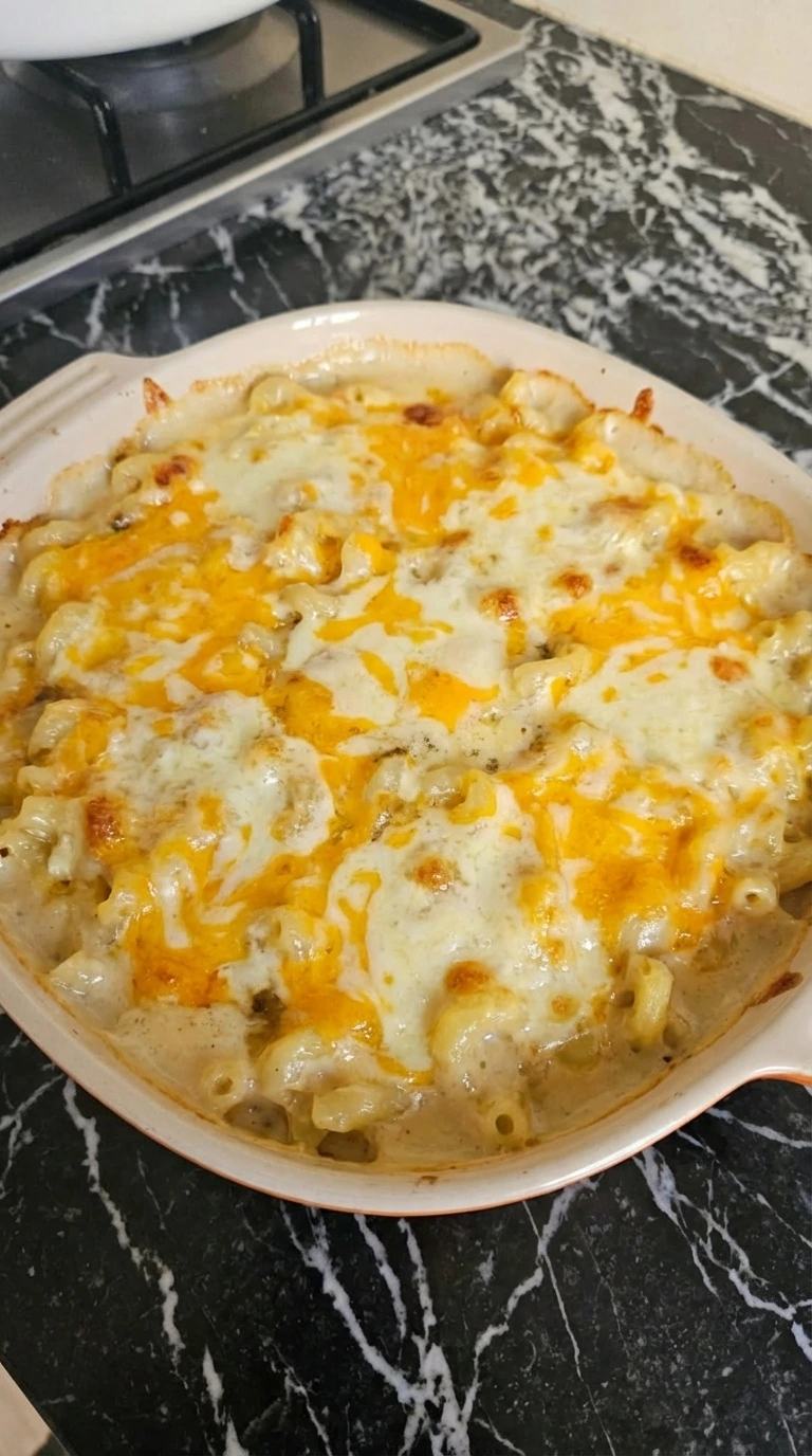 Finished creamy baked mac and cheese